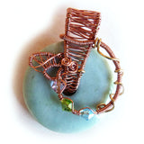 Teal, copper, bronze & crystal wire weave donut gemstone