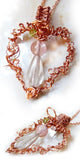 2 views of wire wrapped copper heart pendant w flourite