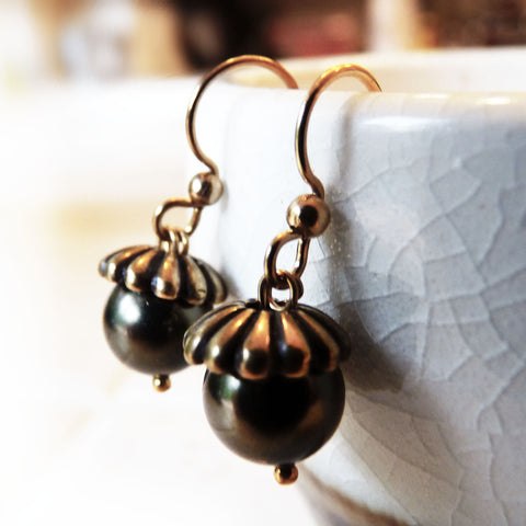 antique gold and dark green handmade acorn earrings