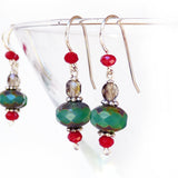 Christmas Red & Turquoise Green Sterling Silver Dangle Drop Earrings Gift, beaded