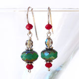 Christmas Red & Turquoise Green .925 Sterling Silver Dangle Drop Earrings Gift for her