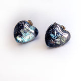 Black Opal Hearts - Faux Gemstone Earrings, Handmade Resin Heart Post Earrings