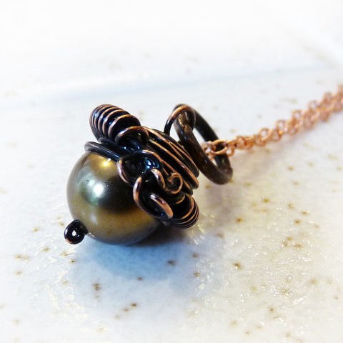 handmade crystal pearl acorn wire wrapped pendant green