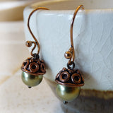 hanging pearl copper bronze green fall acorn tree earrings
