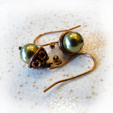 Top & bottom green pearl copper acorn earrings handmade