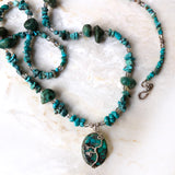 Handmade Blue green silver and genuine turquoise beads necklace with tree pendant