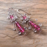 On Stone Pink Ice .925 Sterling Silver Wire Wrapped Dangle Earrings - Handmade Swarovski Crystal Drop Earrings