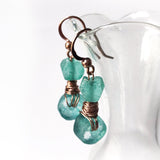 Bright Teal Green Recycled Glass & Copper Handmade Wire Wrapped Earrings - Handmade Dangle Drop Earrings, OOAK