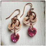 Pink & silver handmade wire dangle OOAK heart earrings