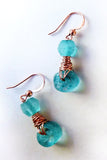 recycled glass bead & copper teal blue green wire earrings