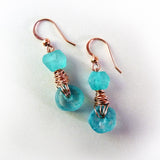 copper teal blue green recycled glass bead wire earrings