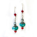 Southwest Red & Green Sterling Silver Dangle Drop Earrings Gift, beaded