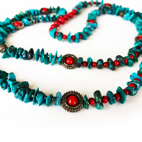 Genuine Turquoise, Green and Red, Beautiful Beaded Necklace 40" Long
