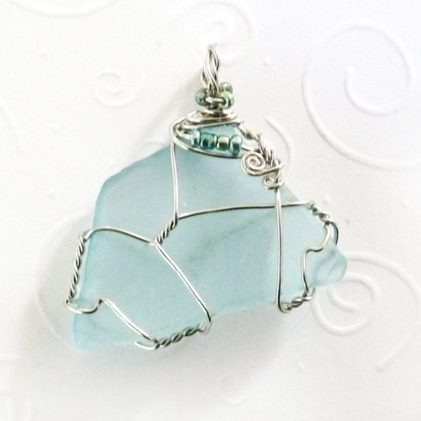 Cultured Sea Glass Pendant Aqua Silver Wire Wrapped with Beads