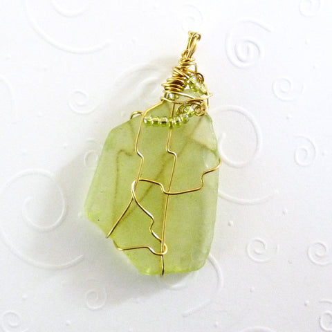 Lime & Gold, Wire Wrap handmade pendant necklace gift