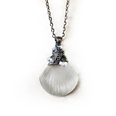 Cultured Sea Glass Shell Pendant Necklace - Stainless Steel Handmade Wire Wrapped Pendant - Recycled Glass & Stainless Steel