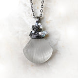 Cultured Sea Glass Shell Pendant Necklace - Stainless Steel Handmade Wire Wrapped Pendant - Recycled Glass & Stainless Steel