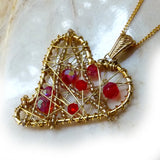Red Crystal & Gold Heart Pendant. Beautiful, wire wrapped.