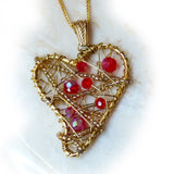 Front View of Red & Gold Wire Wrapped Heart Pendant