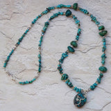Blue-green silver and wire wrap turquoise beads necklace