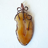 Handmade boho wire wrapped gold, brown agate pendant