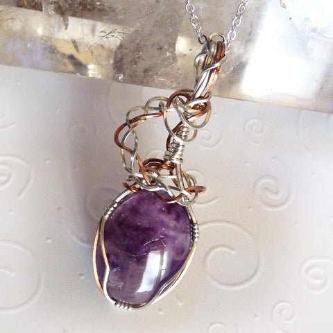 Amethyst, silver and copper. Wire wrapped handmade