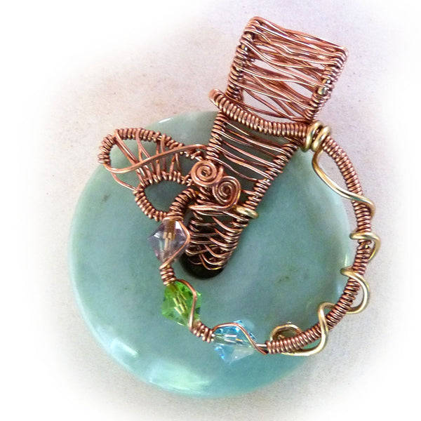 Wire weave donut gemstone - teal, copper, bronze, crystal