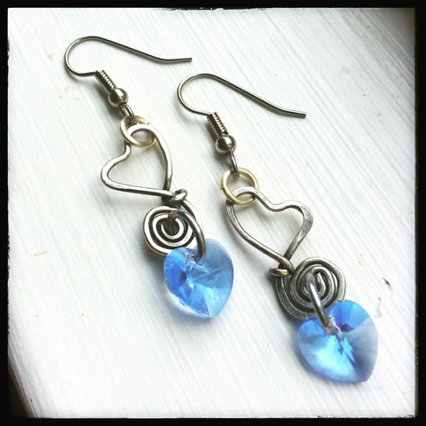 Blue & silver handmade wire dangle OOAK heart earrings