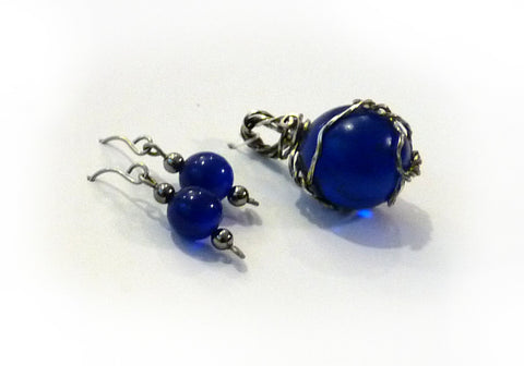 blue marble glass matching earrings wire wrapped pendant
