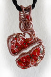 Red Mille Fleur Glass Heart Pendant Handmade Wire Weave