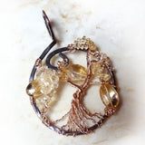 Citrine Gemstone Tree of Life Wire Wrapped Pendant Necklace, Gold & Copper Handmade 