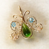 Handmade Wire Wrapped Gold-Filled Butterfly Pendant with Green, Pink, & Blue Crystals