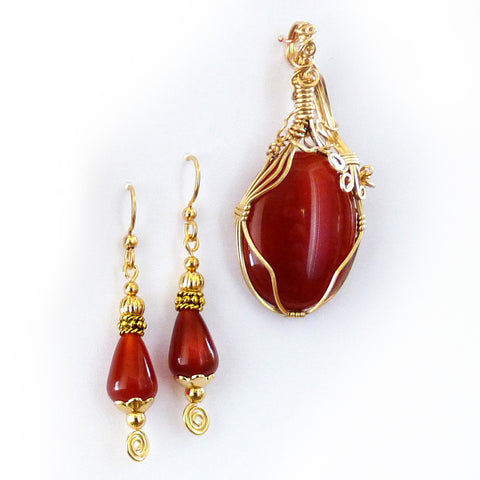 Red agate earrings & Carnelian Gold Filled wire wrap Pendant