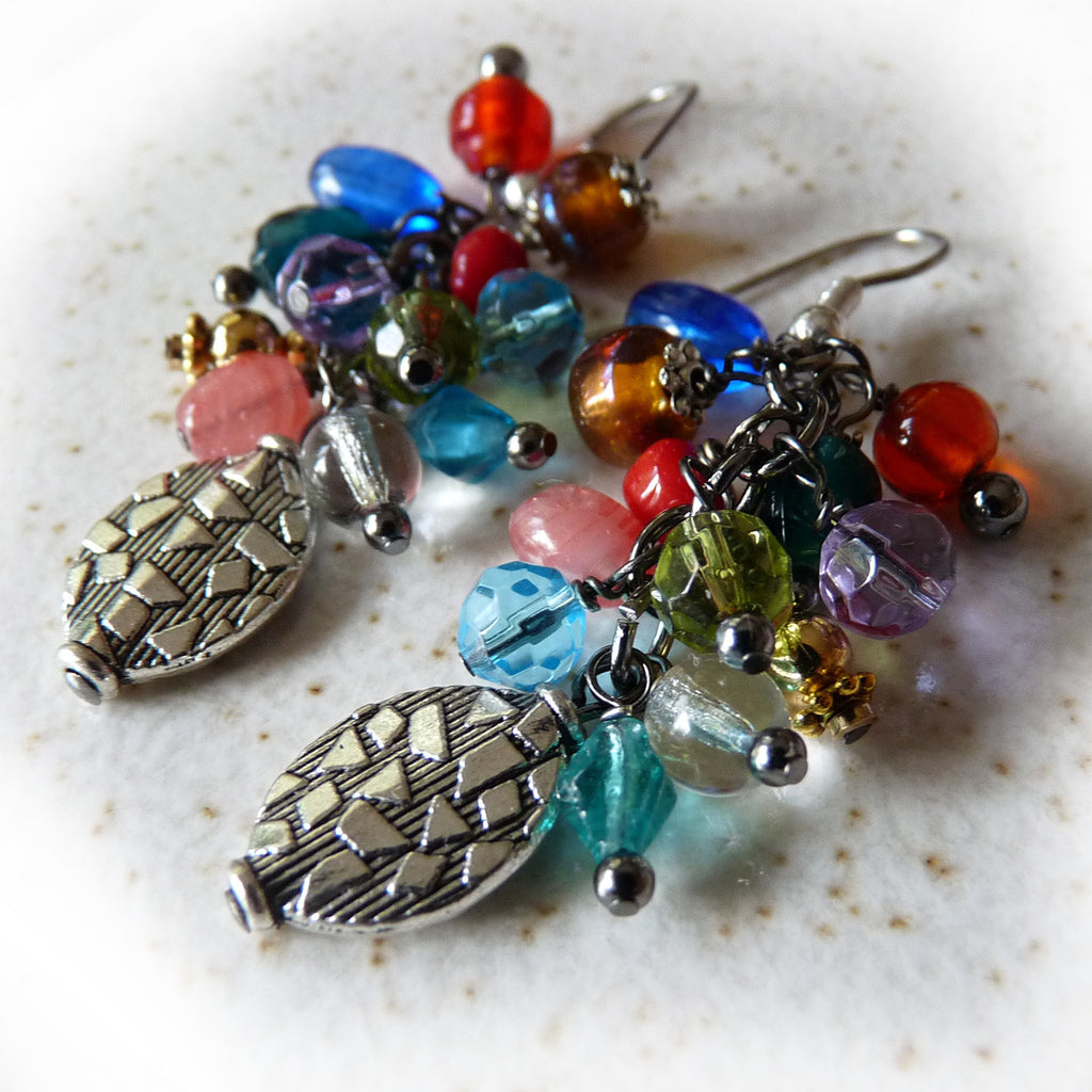 Boho Cluster Dangle Earrings Jewel Color Handmade Drop Earring Silver Red Blue Green Teal Amber Beaded Earrings