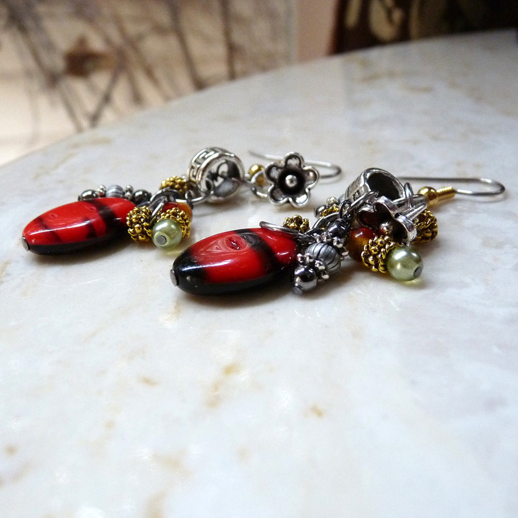 Black Red Silver Gold Handmade Cluster Earrings Boho Chic