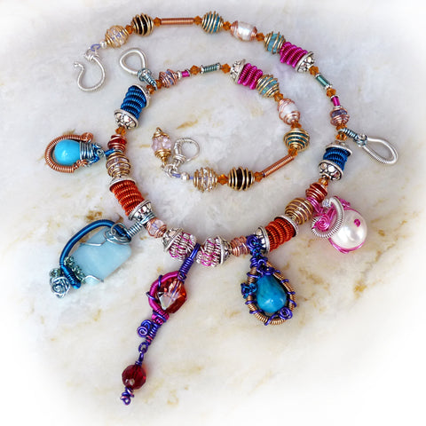Colorful handmade necklace with wire wrapped pendants