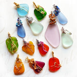 sea glass wire wrapped pendants handmade red, blue, green, silver, gold