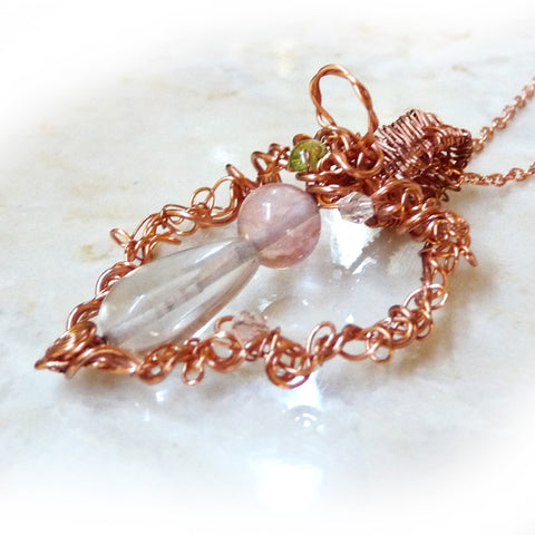wire wrapped copper angel heart pendant w gemstones
