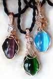 purple blue green cats eye wire wrapped pendant necklaces