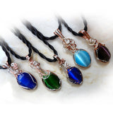 colorful cats eye copper & silver wire wrapped pendants
