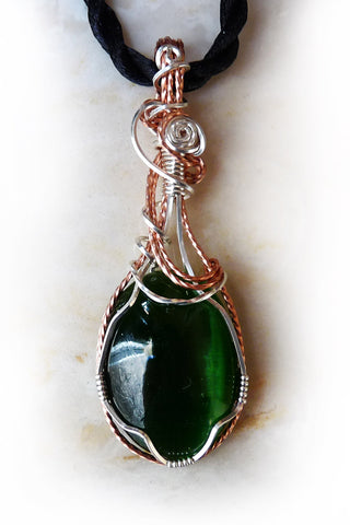 emerald green cats eye wire wrapped pendant necklace