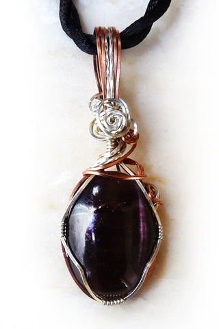 purple silver copper cats eye wire wrapped pendant