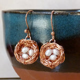 Bird nest handmade copper earrings with freshwater pearls