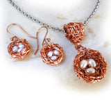 handmade nest jewelry set with pearls, bright copper finish