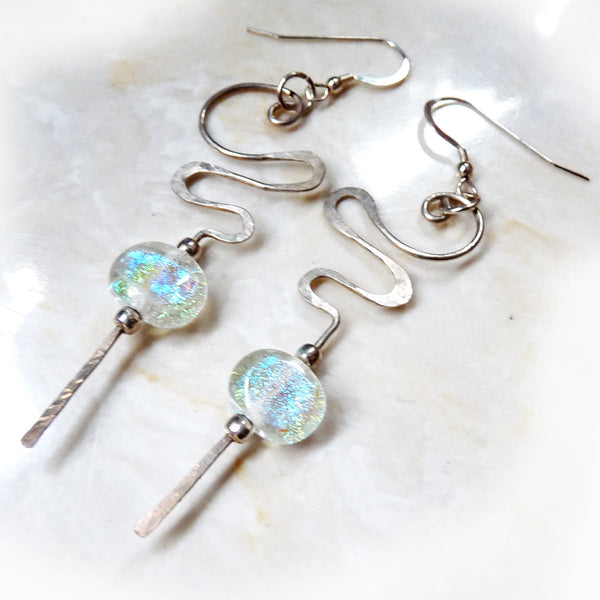 Hammered Sterling silver & Dichroic Glass dangle Earrings