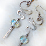 Hammered Sterling & Dichroic Glass Long Earrings