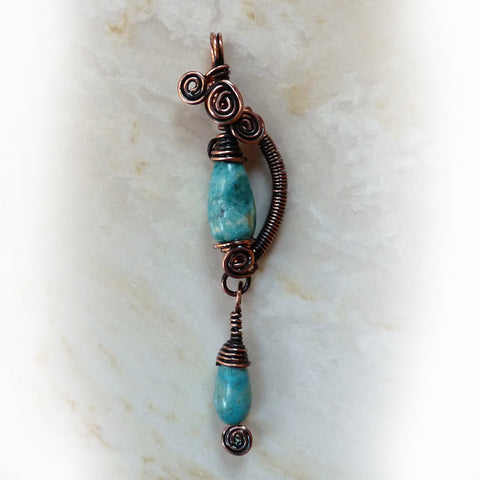 Natural Green Turquoise tear drop Wire Wrapped Pendant