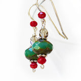 Christmas Red & Turquoise Green Sterling Silver Dangle Drop Earrings Gift close up