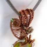 Detail Green Gemstone, Sterling Silver, Copper Handmade Wire Weave Pendant Statement Necklace