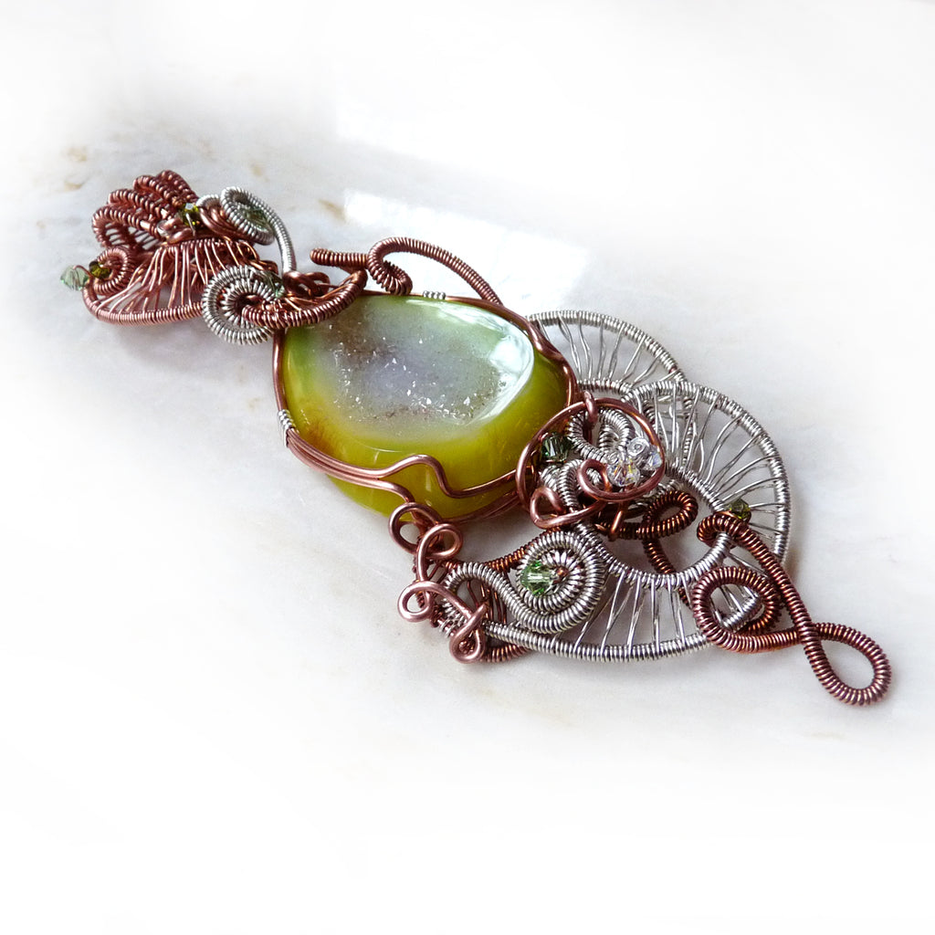Handcrafted Green Druzy Electroformed Necklace - Copper Adjustable 18", Natural Stone - View #12